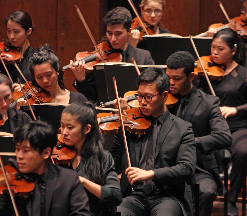 The Violin section of the orchestra performing